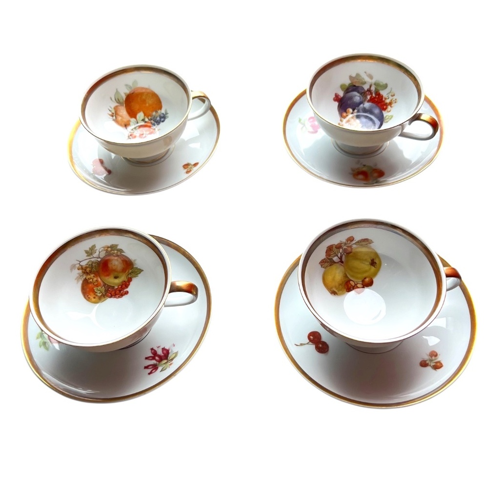 Set Of 4 Vintage Jaeger Bavaria‎ Golden Crown Teacup & Saucer Nuts Fruit